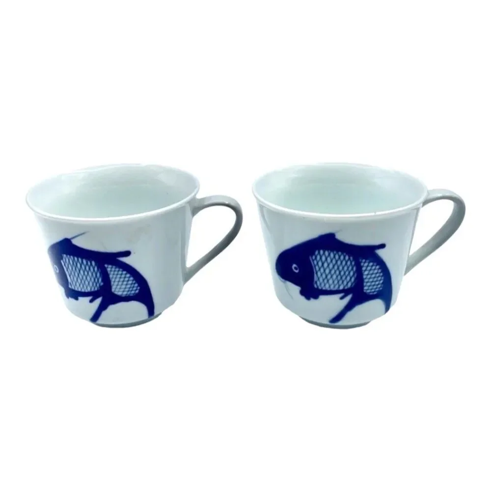 2 Blue & White Koi Fish Carp Tea Cups Mugs Hand Painted Porcelain Vintage